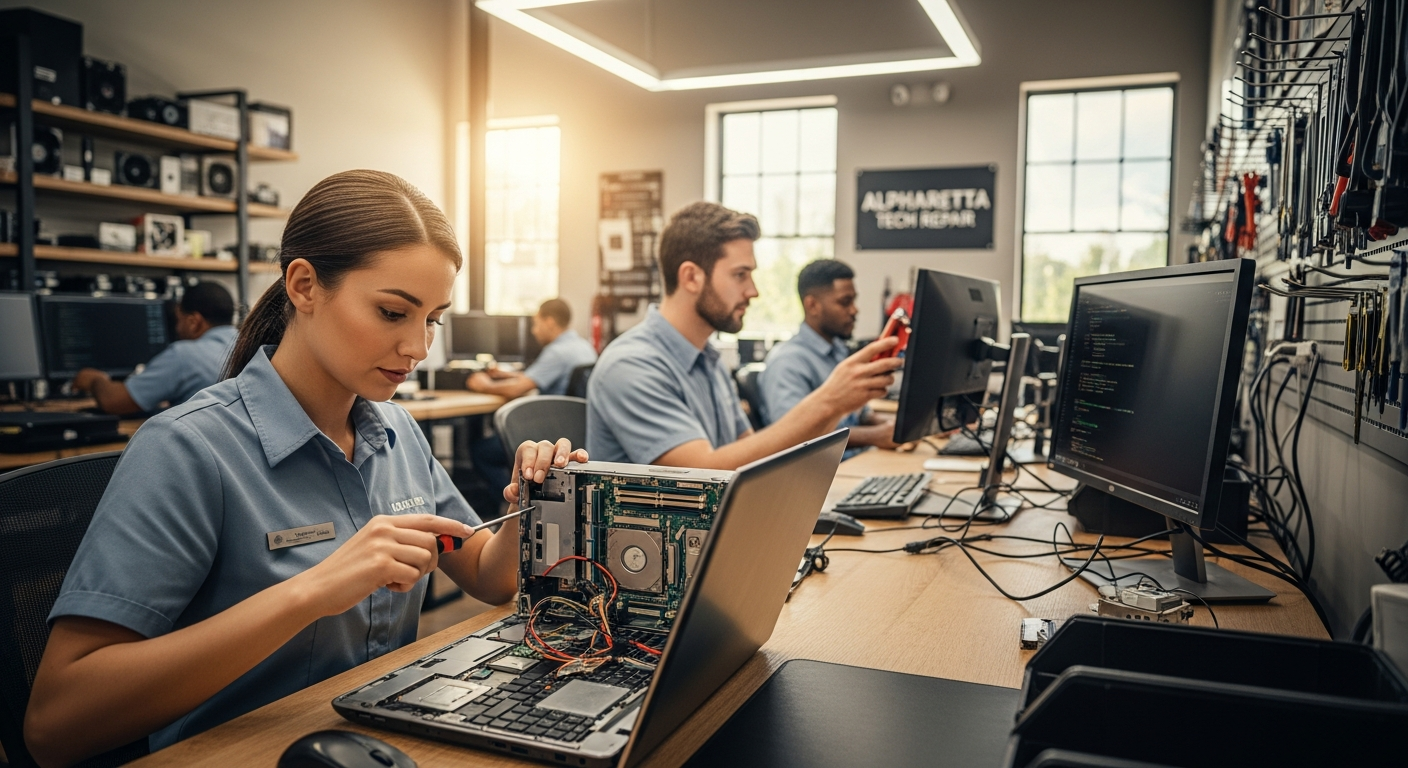 Pro Computer certified technician performing computer repair in Alpharetta GA shop